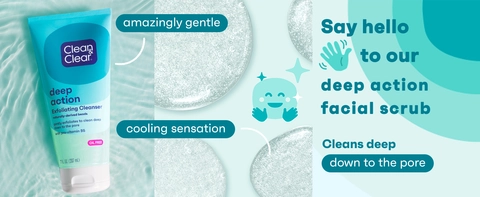 Deep action scrub bottle in water ripples in background drops of cleanser on teal background