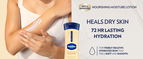 Image of a woman applying Vaseline Nourishing Moisture Body Lotion next to text about benefits.