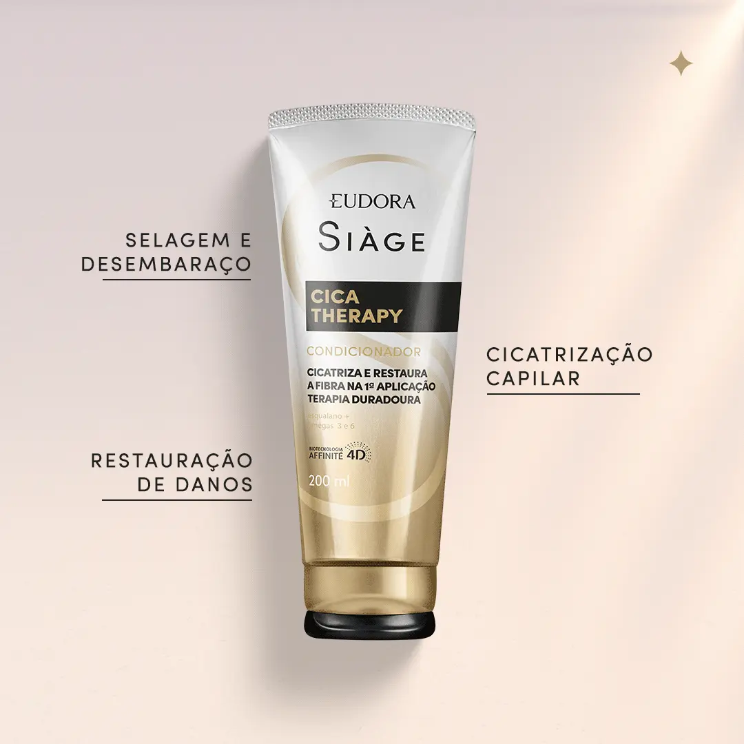 Gif com o produto Condicionador Siàge Cica-Therapy centralizado. Ao redor, os benefícios: Selagem e desembaraço; Restauração de danos; Cicatrização capilar.