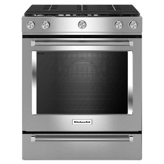 KitchenAid 30 Inch 5 Burner Gas Convection Slide-In Range with Baking  Drawer in Stainless Steel, NFM