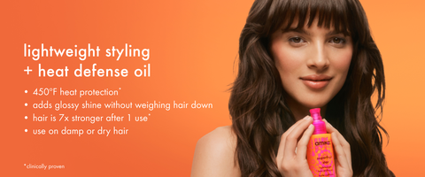 lightweight styling + heat defense oil, 450 degree heat protection, adds glossy shine without weighing hair down, hair is 7x stronger after 1 use, use on damp or dry hair