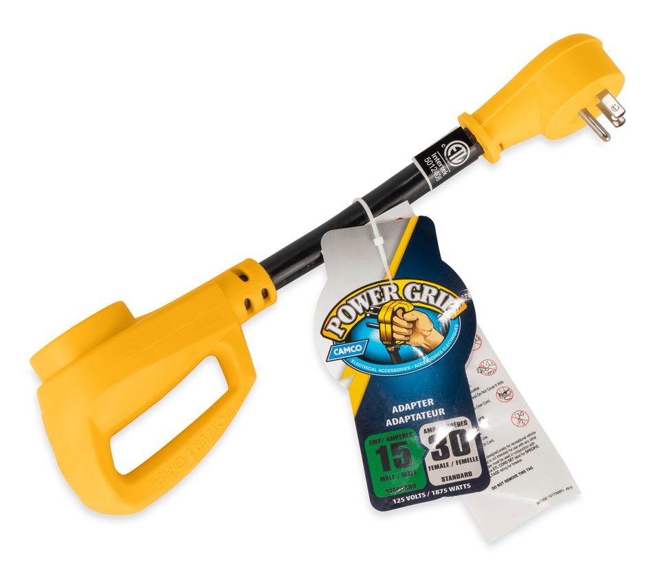 thumbnail video image 2 of Camco Power Grip 12-inch Dogbone RV Electrical Adapter - 125Volts - 1875 Watts - PVC, Copper, Yellow (55165), 2 of 9