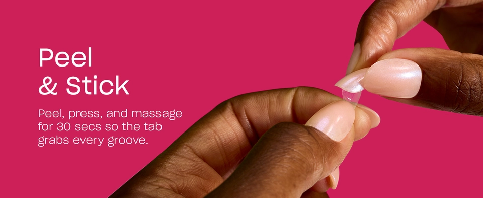 Peel backing off of adhesive sticker and press and massage onto nail for 30 seconds