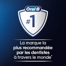 Ic&#244;ne Oral-B n&#176; 1, fond bleu avec texte sur utilisation d’Oral-B par les dentistes du monde entier.