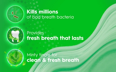 Main benefits presented with icons: kill millions of bad breath bacteria, provides fresh breath that lasts, minty tingle for clean and fresh breath.