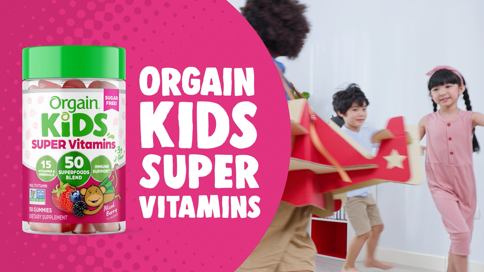 thumbnail video image 2 of Orgain Kids Super Gummy Multivitamin Gummies, Children's Immune Support with Vitamins B12, C, D, E, & Zinc, Sugar Free, Mixed Berry, 50 ct, 2 of 11