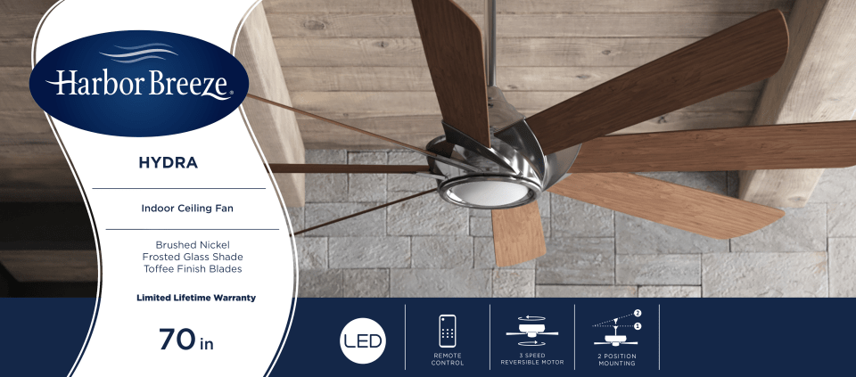 Harbor Breeze Hydra 70" Indoor Ceiling Fan with Light & Remote Control Brushed Nickel for sale online 
