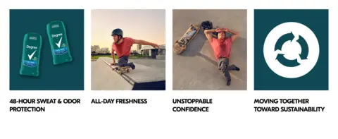 Images of 2 deodorant sticks, the same athlete from another 2 angles & recycling logo.