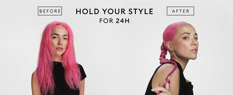 Model with pink hair, frizzy on the left and defined on the right, against a white background.