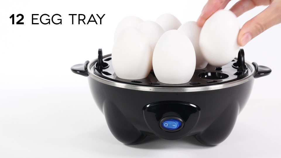 thumbnail video image 2 of Dash Deluxe Rapid Egg Cooker for Hard Boiled, Poached, Scrambled Eggs, Omelets, Steamed Vegetables, Dumplings & More, 12 Egg Capacity, with Auto Shut Off, Black, 2 of 7