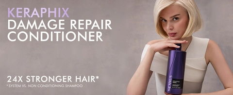 Nexxus Keraphix Conditioner with 24X stronger hair w/note comparing system vs non-cond. shampoo hair