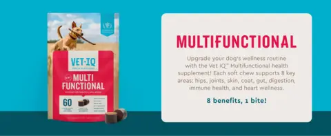 Multifunctional. Upgrade your dog's wellness routine with the VetIQ Multifunctional health supplement! Each soft chew supports 8 key areas: hips, joints, skin, coat, gut, digestion, immune health, and heart wellness. 8 benefits, 1 bite!