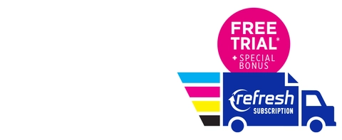 Save up to 50% on Brother Genuine Toner with Refresh Graphic of blue delivery truck with cyan, magenta, yellow, and black stripes and Brother Refresh EZ Print Subscription logo. Text reading FREE TRIAL + SPECIAL BONUS*