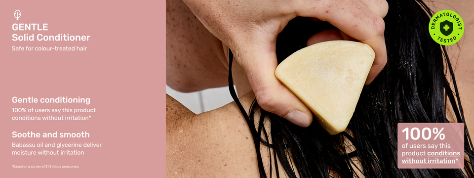 Image of Ethique Beauty&#39;s Gentle Solid Conditioner in use.