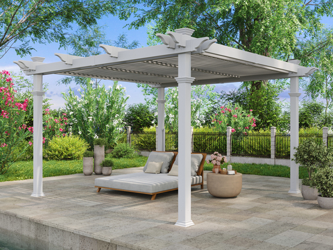 White vinyl 12x12 pergola next to a pool