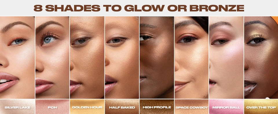 8 models showcasing the 8 shades of Urban Decay&#39;s Face Bond Luminizer Highlighting Drops