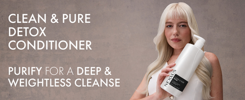 Woman with wavy hair holding product's pump bottle next to text highlighting product benefits.