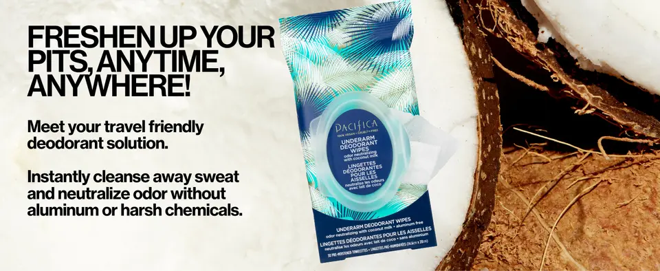 pacifica beauty deodorant wipes vegan cruelty free aluminum odor coconut milk witch hazel zinc neutralize travel underarms full body skin hydration