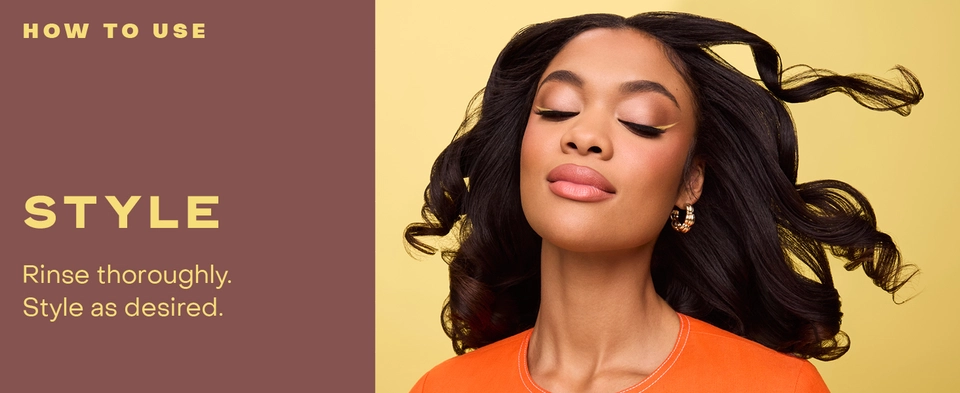 Image of a black woman with beautiful wavy hair, next to styling instructions.