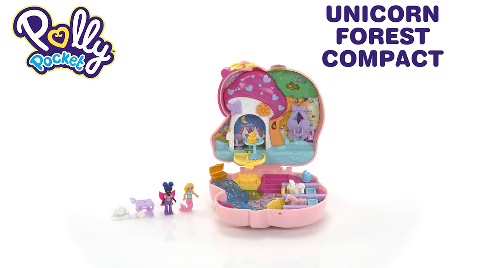 thumbnail video image 2 of Polly Pocket Unicorn Tea Party Compact Playset with 2 Micro Dolls & Accessories, Travel Toys, 2 of 7
