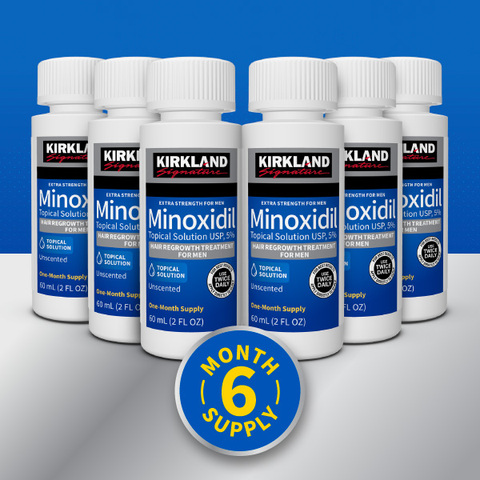 6 bottles of Kirkland Signature Minoxidil Topical Solution. 6 month supply.