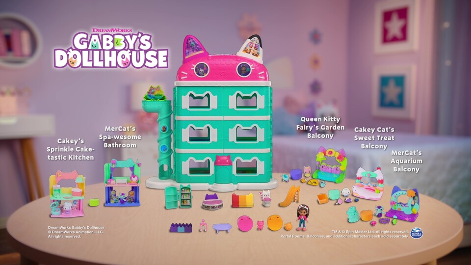 thumbnail video image 2 of Gabby's Dollhouse Fairylandia MerCat's Fairy Bathroom 12-Piece Set, Ages 3+, 2 of 11