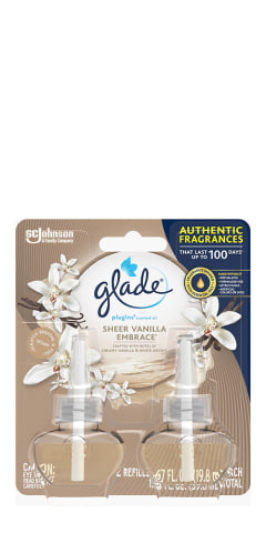 Glade PlugIns Scented Oil Refill Sheer Vanilla Embrace, Essential Oil  Infused Wall Plug In, Up to 100 Days of Continuous Fragrance, 1.34 oz, Pack  of 2, Shop