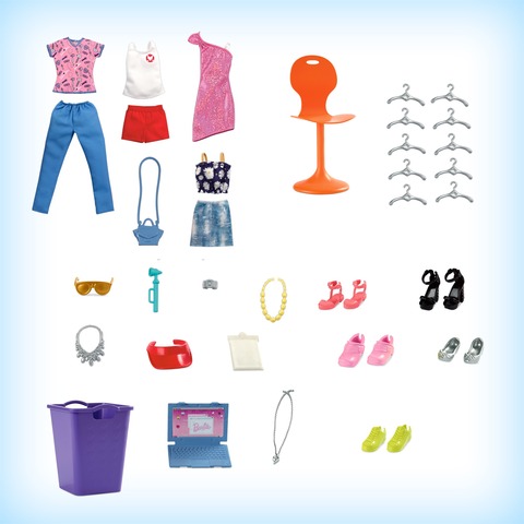  Barbie Closet Playset with 3 Outfits, 3 Pairs of Shoes, 2  Purses, Necklace and Sunglasses Accessories, 5 Hangars, 3 to 8 Years Old  ( Exclusive) : Toys & Games