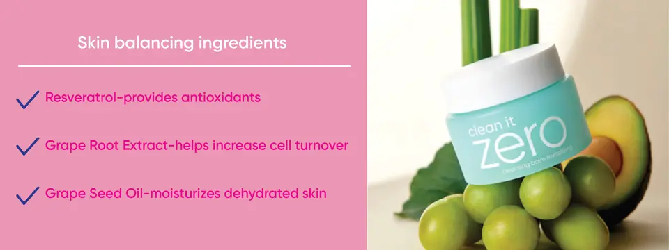 skin balancing ingredients like resveratrol provides antioxidants and grape seed oil