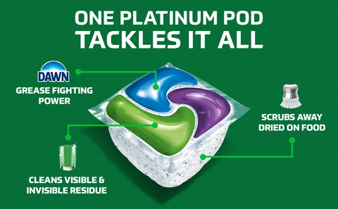 One Platinum pod tackles it all. Dawn grease fighting power. Cleans visible & invisible residue. Scrubs away dried on food.