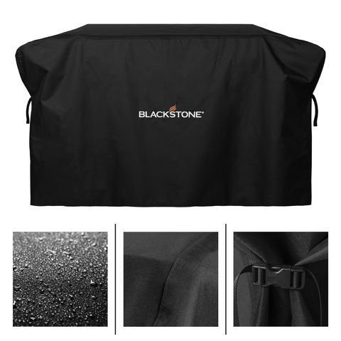 36 inch soft cover with images showing water beading up, reinforced seams, and a cinching strap and buckle.