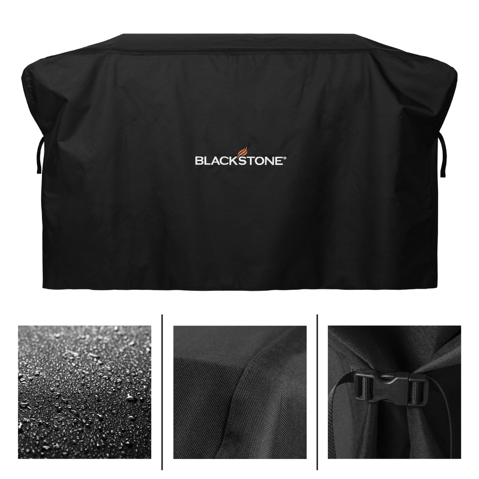 36 inch soft cover with images showing water beading up, reinforced seams, and a cinching strap and buckle.