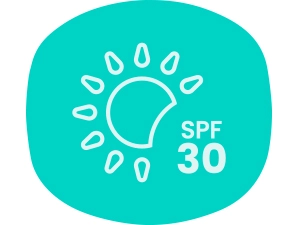 Sun icon with SPF 30 on aqua rounded rectangle background