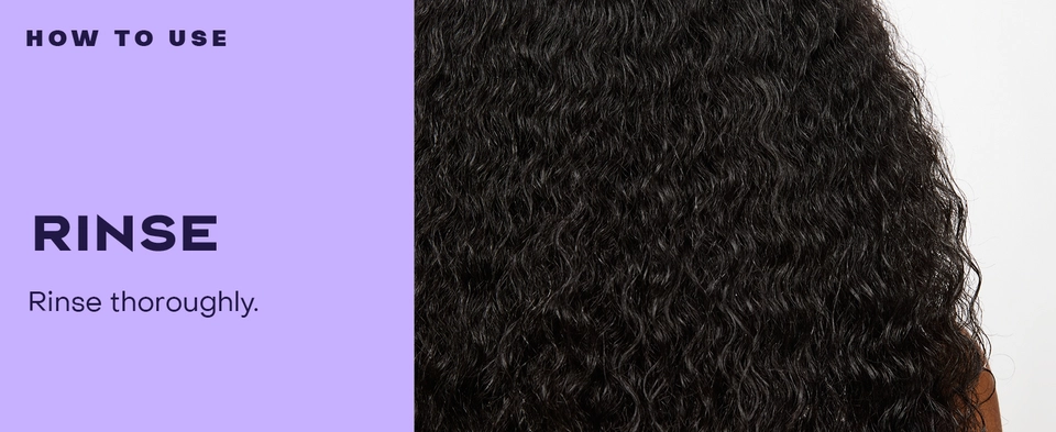 Text reads: "HOW TO USE: RINSE. Rinse thoroughly." Image shows dark curly hair on the right, highlighting texture against a soft purple background.
