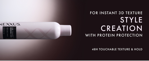 Nexxus Air Shape Texture Spray with a spotlight on a dark room next to text about benefits.