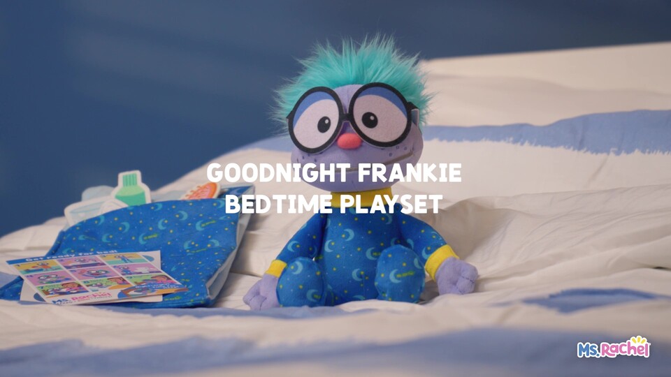 thumbnail video image 2 of Ms. Rachel Goodnight Frankie Bedtime Playset, 11” Plush with Sleeping Bag & Accessories, 2 of 12