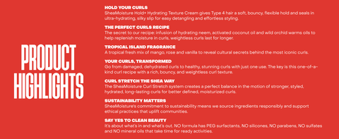 Product Highlights on a red backdrop, showcasing SheaMoisture curl care benefits.