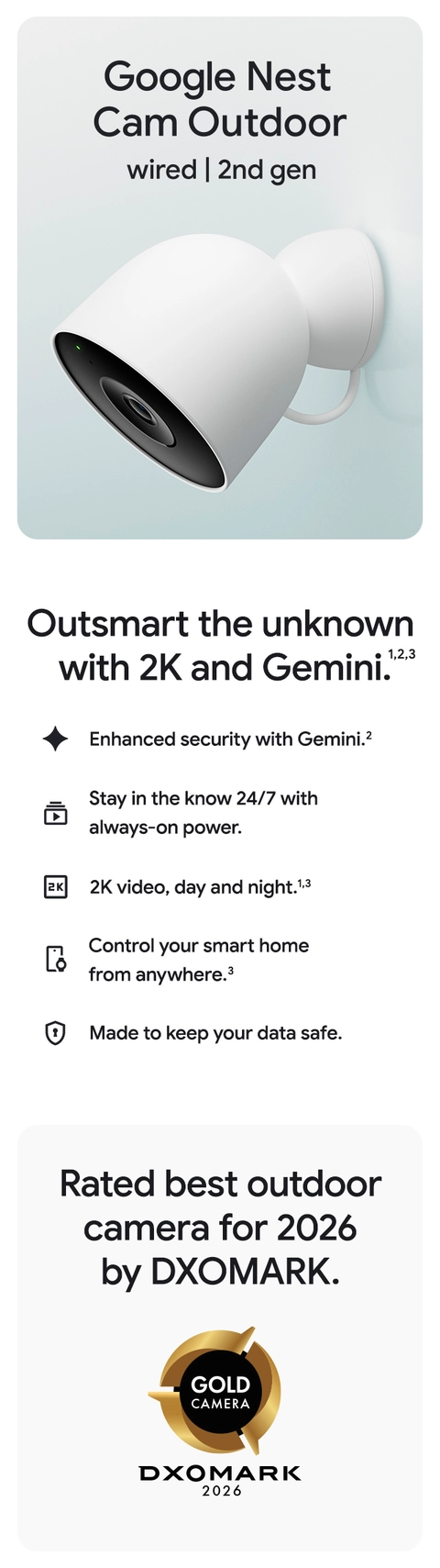 Google Nest Cam Outdoor (wired, 2nd gen) 2K Video and Gemini 2