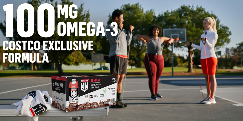 Three people working out on basketball field. Box of Muscle Milk sitting on bench. 100mg Omega 3. Costco Exclusive Formula.