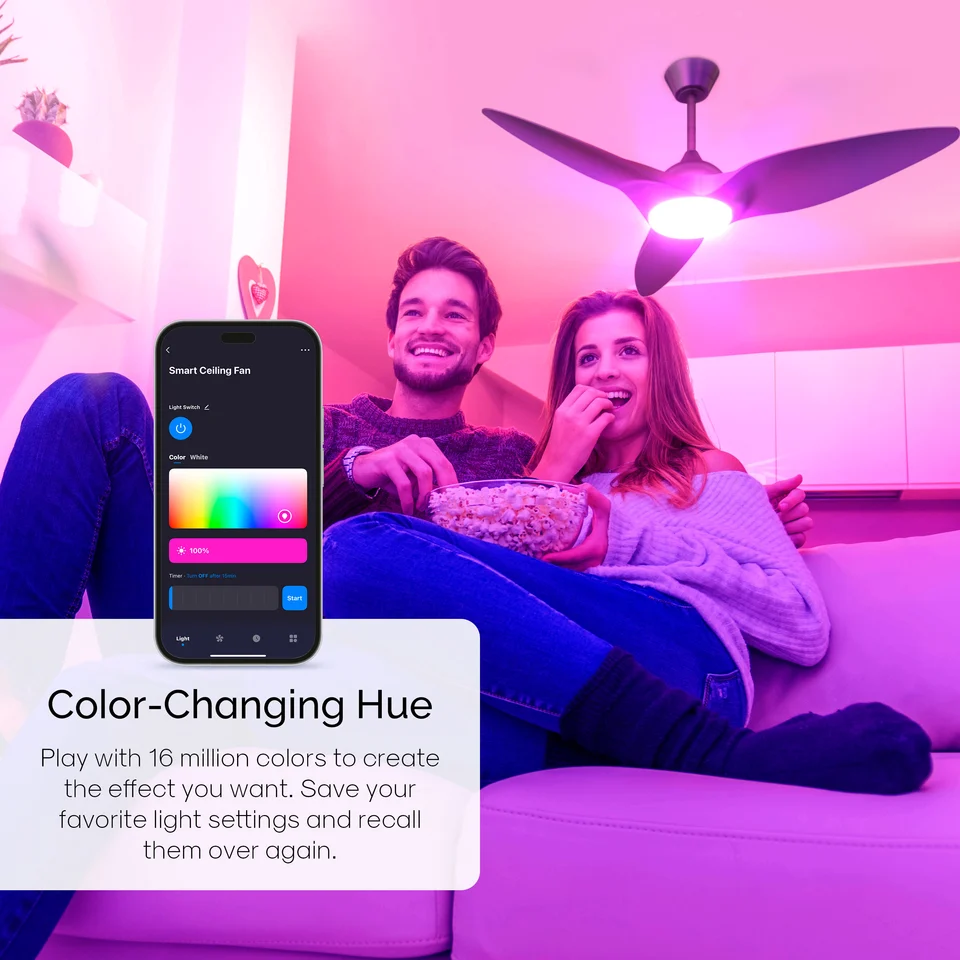 Pink light from the ceiling fan as a family watches TV