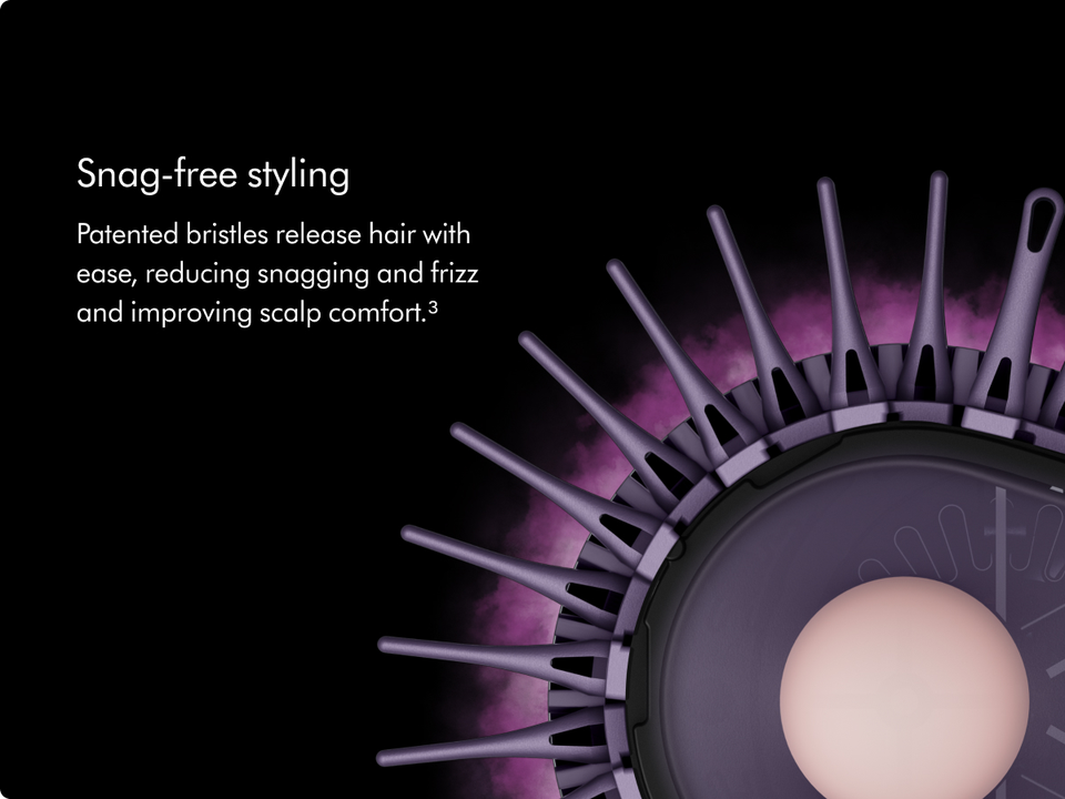 Patented bristles release hair with ease, reducing snagging and frizz and improving scalp comfort.