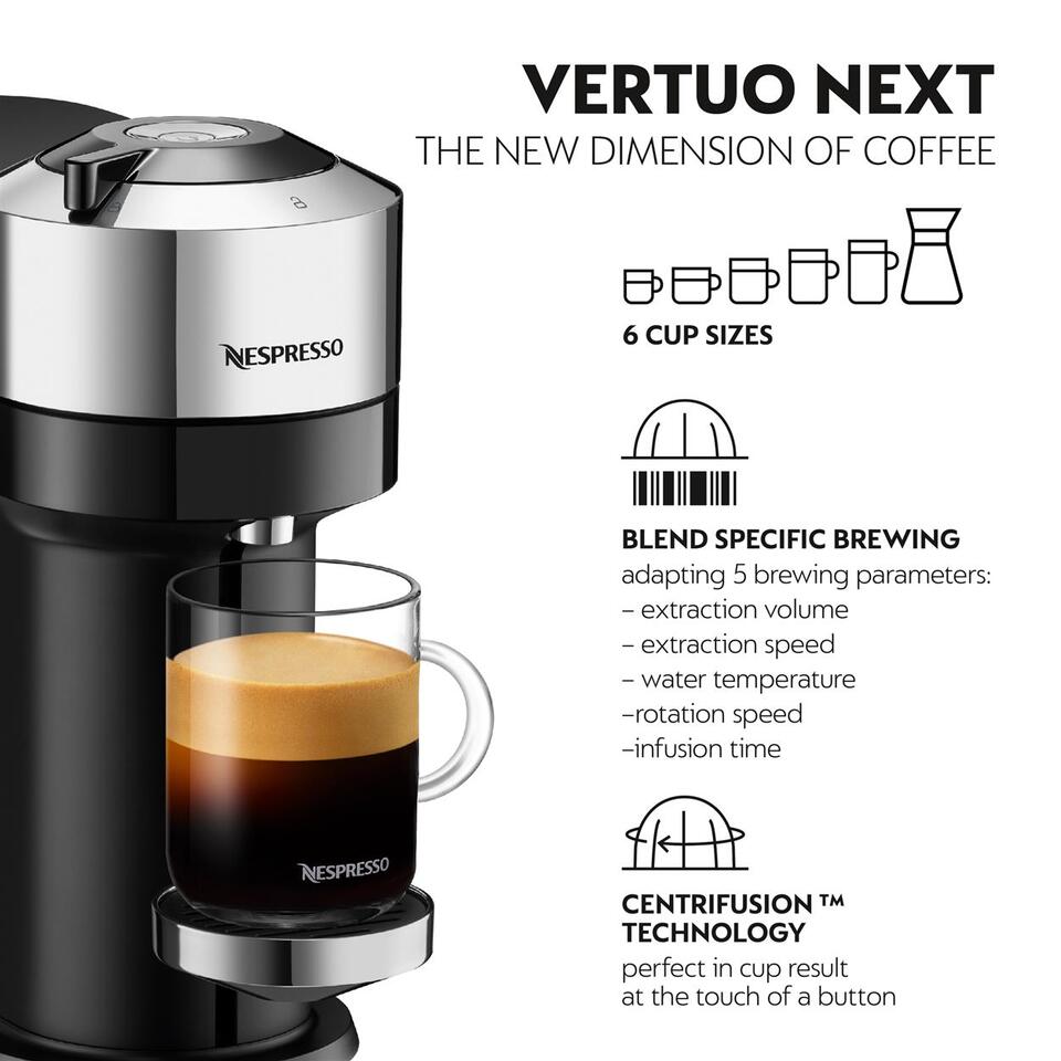 Nespresso by De'Longhi Vertuo Next Premium Coffee and Espresso Maker in  Chrome Plus Aeroccino3 Milk Frother in Black, ENV120CAE 