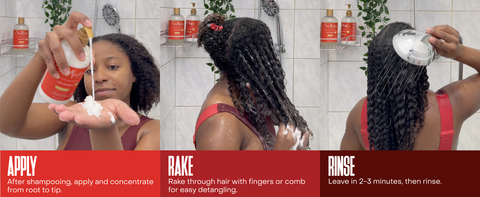 A woman in the shower applies SheaMoisture, massages her curls &amp; rinses, with bottles on shelves.