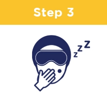 Step Three: A person wearing a sleep mask and a circular patch with their hand over their yawning mouth and sleepy Z&#39;s next to their head