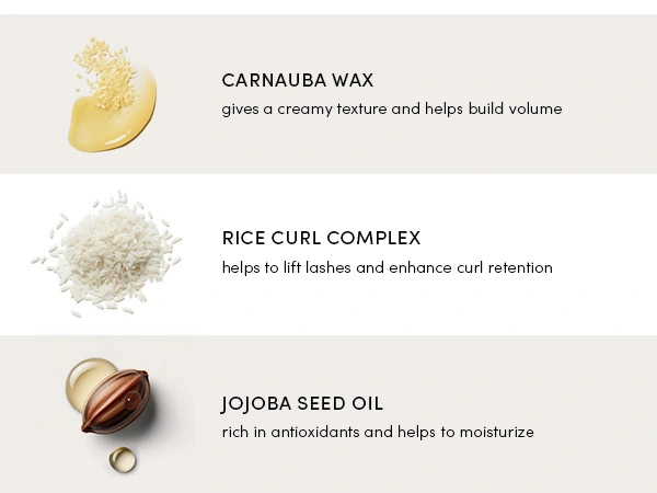 Clean Beauty ingredients include Carnauba wax, Rice Curl Complex, and Jojoba Seed Oil