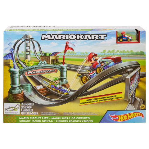 Hot Wheels Mario Kart Circuit Vehicle Scale Kart Track 1:64 Launcher Set Lite Toy with Die-Cast 