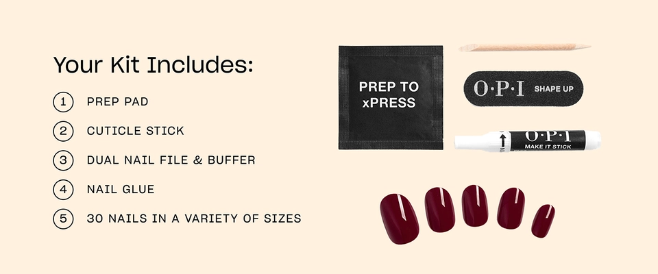 OPI press on nail kits include 30 tips in different sizes, nail glue, file, prep pad, and cuticle stick