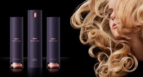 Dyson Chitosan products in a row next to model showing off her blonde styled hair