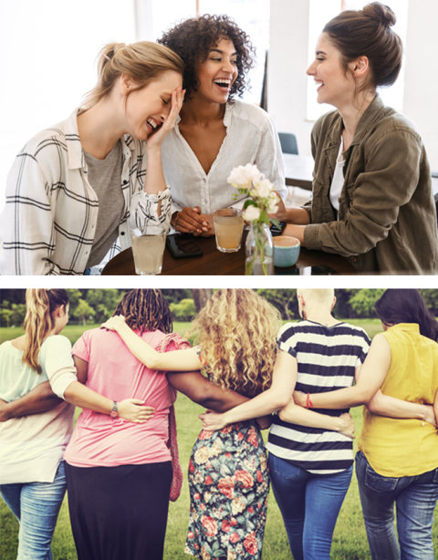 Hai hình ảnh.  Hình ảnh đỉnh cao của ba người phụ nữ cùng cười.  Hình ảnh phía dưới mô tả năm người phụ nữ cùng nhau đi ra xa người xem với hai cánh tay đan chéo sau lưng.