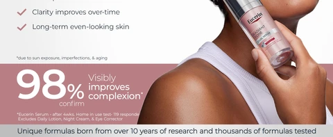 Woman holding Eucerin Radiant Tone Dual Serum. Text highlights 98% confirm visibly improved complexion and long-term even-looking skin.